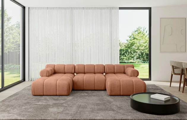 Bezug: Samt, Farbe: Apricot - Monolith 61, Stellvariante: U-Form, Stoffbeschreibung: MONOLITH: Wasserabweisender und leicht zu reinigender Möbelstoff, scheuerfest (100.000 Martindale-Zyklen) lichtecht (5) und pillingarm (4-5), aus 100 % PES, Gewicht 330 g/m2 ±5 %, Materialzusammensetzung: 100% Polyseter, Pilling Resistenz: 4, Abriebfestigkeit: 5, Scheuerbeständigkeit: 100000 Martindale-Zyklen, Zimmer: Wohnzimmer, Tiefe: 160 cm, Breite: 285 cm, Höhe: 70 cm, Anzahl der Sitzflächen: 6, Sitzfüllung: Wellenfeder und T30-Schaum, Art der Rückenkissen: Rückenlehne - feste, Annzahl der Sitzkissen: 3, Breite der Ottomane: 95 cm, Tiefe der Ottomane: 160 cm, Tiefe der Sitzfläche: 65 cm, Sitzhöhe: 40 cm, Schlaffunktion: Ohne Schlaffunktion - 1