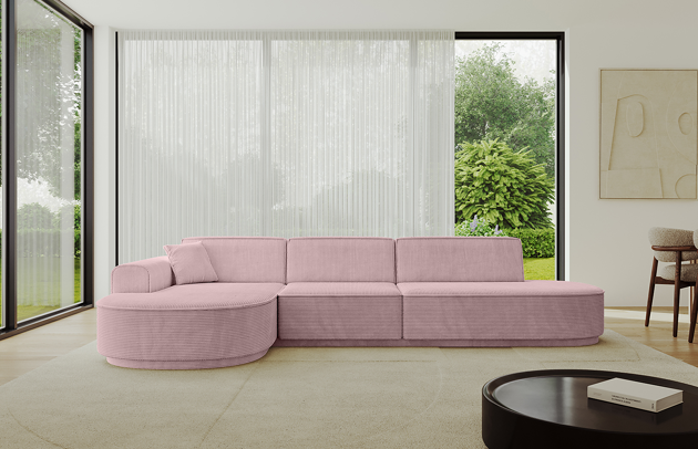 Bezug: Cord, Farbe: Rosa - Poso 145, Stellvariante: Ottomane Links, Stoffbeschreibung: POSO ist ein angenehm anzufühlender Velours mit Kordstruktur (35000 MartindaleZyklen) und leicht zu reinigender Möbellstoff, lichtecht (5) und pillingarm (5), Gewicht 380 g/m2 ±5%, Materialzusammensetzung: 90% Polyseter, 10% Nylon, Pilling Resistenz: 5, Abriebfestigkeit: 5, Scheuerbeständigkeit: 30000 Martindale-Zyklen, Ausstattung: Kissen, Zimmer: Wohnzimmer, Tiefe: 171 cm, Breite: 328 cm, Höhe: 83 cm, Anzahl der Sitzflächen: 4, Sitzfüllung: Wellenfeder + HR35 und T30-Schaum, Art der Rückenkissen: Rückenlehne - feste, Annzahl der Sitzkissen: 3, Anzahl der Zierkissen: 1, Breite der Armlehnen: 20 cm, Höhe der Armlehnen: 58 cm, Breite der Ottomane: 109 cm, Tiefe der Ottomane: 151 cm, Tiefe der Sitzfläche: 62 cm, Sitzhöhe: 47 cm, Schlaffunktion: Ohne Schlaffunktion, Länge der Schlaffläche: Nicht zutreffend, Breite der Schlaffläche: Nicht zutreffend, Liegehöhe: Nicht zutreffend - 1
