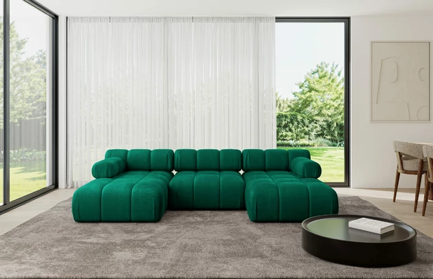 Bezug: Samt, Farbe: Dunkelgrün - Monolith 37, Stellvariante: U-Form, Stoffbeschreibung: MONOLITH: Wasserabweisender und leicht zu reinigender Möbelstoff, scheuerfest (100.000 Martindale-Zyklen) lichtecht (5) und pillingarm (4-5), aus 100 % PES, Gewicht 330 g/m2 ±5 %, Materialzusammensetzung: 100% Polyseter, Pilling Resistenz: 4, Abriebfestigkeit: 5, Scheuerbeständigkeit: 100000 Martindale-Zyklen, Zimmer: Wohnzimmer, Tiefe: 160 cm, Breite: 285 cm, Höhe: 70 cm, Anzahl der Sitzflächen: 6, Sitzfüllung: Wellenfeder und T30-Schaum, Art der Rückenkissen: Rückenlehne - feste, Annzahl der Sitzkissen: 3, Breite der Ottomane: 95 cm, Tiefe der Ottomane: 160 cm, Tiefe der Sitzfläche: 65 cm, Sitzhöhe: 40 cm, Schlaffunktion: Ohne Schlaffunktion - 1