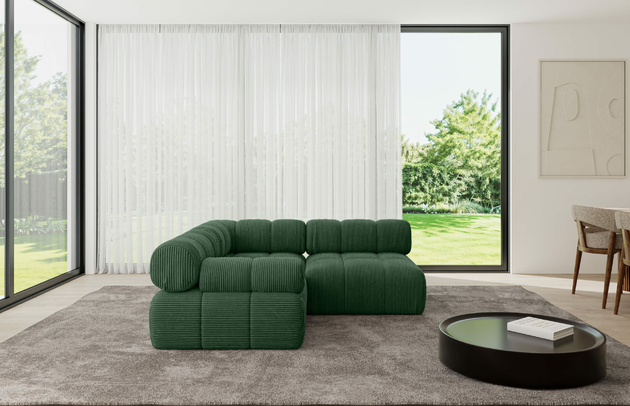 Bezug: Cord, Farbe: Grün - Poso 14, Stellvariante: Ottomane Links, Stoffbeschreibung: POSO ist ein angenehm anzufühlender Velours mit Kordstruktur (35000 MartindaleZyklen) und leicht zu reinigender Möbellstoff, lichtecht (5) und pillingarm (5), Gewicht 380 g/m2 ±5%, Materialzusammensetzung: 90% Polyseter, 10% Nylon, Pilling Resistenz: 5, Abriebfestigkeit: 5, Scheuerbeständigkeit: 30000 Martindale-Zyklen, Zimmer: Wohnzimmer, Tiefe: 190 cm, Breite: 190 cm, Höhe: 70 cm, Anzahl der Sitzflächen: 4, Sitzfüllung: Wellenfeder, Art der Rückenkissen: Rückenlehne - feste, Annzahl der Sitzkissen: 2, Breite der Ottomane: 95 cm, Tiefe der Ottomane: 190 cm, Tiefe der Sitzfläche: 65 cm, Sitzhöhe: 40 cm, Schlaffunktion: Ohne Schlaffunktion - 1