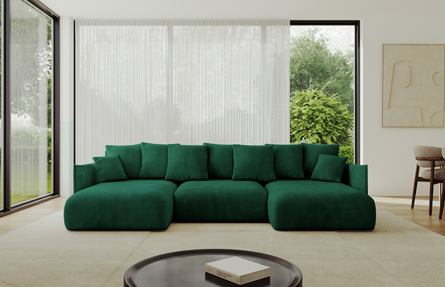 Bezug: Samt, Farbe: Grün - Dream Velvet 202.31, Stellvariante: U-Form, Stoffbeschreibung: Polsterstoff Dream Velvet: Wasserabweisender und leicht zu reinigender Möbelstoff, scheuerfest (30.000 Martindale-Zyklen) lichtecht (6) und pillingarm (4-5), aus 100 % PES, Gewicht 360 g/m2 ±5 %, Materialzusammensetzung: 100% Polyseter, Pilling Resistenz: 4, Abriebfestigkeit: 5, Scheuerbeständigkeit: 100000 Martindale-Zyklen, Ausstattung: Kissen, Zimmer: Wohnzimmer, Tiefe: 177 cm, Breite: 317 cm, Höhe: 72 cm, Länge der Schlaffläche: 303 cm, Breite der Schlaffläche: 158 cm, Liegehöhe: 42 cm, Anzahl der Sitzflächen: 6, Sitzfüllung: Wellenfeder + HR35 und T30-Schaum, Anzahl der Rückenkissen: 7, Art der Rückenkissen: Rückenkissen, Annzahl der Sitzkissen: 3, Anzahl der Zierkissen: 2, Material der Füße: Kunststoff, Höhe der Füße: 5 cm, Farbe der Füße: Schwarz, Tiefe der Armlehnen: 123 cm, Breite der Armlehnen: 7 cm, Höhe der Armlehnen: 60 cm, Breite der Ottomane: 101 cm, Tiefe der Ottomane: 158 cm, Tiefe der Sitzfläche: 114 cm, Sitzhöhe: 42 cm, Art des Stauraumes: Innenfach geschlossen, Schlaffunktion: Mit Schlaffunktion - 1