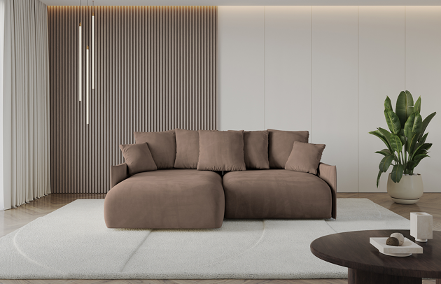 Bezug: Samt, Farbe: Braun - Dream Velvet 202.37, Stellvariante: Ottomane Links, Stoffbeschreibung: Polsterstoff Dream Velvet: Wasserabweisender und leicht zu reinigender Möbelstoff, scheuerfest (30.000 Martindale-Zyklen) lichtecht (6) und pillingarm (4-5), aus 100 % PES, Gewicht 360 g/m2 ±5 %, Materialzusammensetzung: 100% Polyseter, Pilling Resistenz: 4, Abriebfestigkeit: 4, Scheuerbeständigkeit: 100000 Martindale-Zyklen, Ausstattung: Kissen, Zimmer: Wohnzimmer, Tiefe: 177 cm, Breite: 216 cm, Höhe: 72 cm, Länge der Schlaffläche: 202 cm, Breite der Schlaffläche: 158-cm, Liegehöhe: 42 cm, Anzahl der Sitzflächen: 4, Sitzfüllung: Wellenfeder + HR35 und T30-Schaum, Anzahl der Rückenkissen: 5, Art der Rückenkissen: Rückenkissen, Annzahl der Sitzkissen: 2, Anzahl der Zierkissen: 2, Tiefe der Armlehnen: 123 cm, Breite der Armlehnen: 7 cm, Höhe der Armlehnen: 50 cm, Breite der Ottomane: 101 cm, Tiefe der Ottomane: 158 cm, Tiefe der Sitzfläche: 114 cm, Sitzhöhe: 42 cm, Art des Stauraumes: Innenfach geschlossen, Material der Füße: Kunststoff, Höhe der Füße: 5 cm, Farbe der Füße: Schwarz - 1