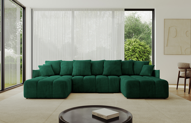 Bezug: Samt, Farbe: Grün - Dream Velvet 202.31, Stellvariante: U-Form, Stoffbeschreibung: Polsterstoff Dream Velvet: Wasserabweisender und leicht zu reinigender Möbelstoff, scheuerfest (30.000 Martindale-Zyklen) lichtecht (6) und pillingarm (4-5), aus 100 % PES, Gewicht 360 g/m2 ±5 %, Materialzusammensetzung: 100% Polyseter, Pilling Resistenz: 4, Abriebfestigkeit: 5, Scheuerbeständigkeit: 100000 Martindale-Zyklen, Ausstattung: Kissen, Zimmer: Wohnzimmer, Tiefe: 189 cm, Breite: 355 cm, Höhe: 68 cm, Länge der Schlaffläche: 341 cm, Breite der Schlaffläche: 159 cm, Liegehöhe: 45 cm, Anzahl der Sitzflächen: 6, Sitzfüllung: Wellenfeder + HR35 und T30-Schaum, Anzahl der Rückenkissen: 7, Art der Rückenkissen: Rückenkissen, Annzahl der Sitzkissen: 3, Anzahl der Zierkissen: 2, Tiefe der Armlehnen: 104 cm, Breite der Armlehnen: 7 cm, Höhe der Armlehnen: 63 cm, Breite der Ottomane: 104 cm, Tiefe der Ottomane: 173 cm, Tiefe der Sitzfläche: 88 cm, Sitzhöhe: 45 cm, Art des Stauraumes: Innenfach geschlossen, Schlaffunktion: Mit Schlaffunktion - 1