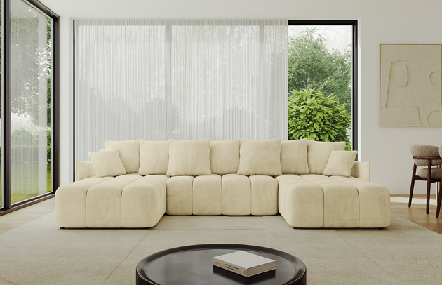 Bezug: Samt, Farbe: Beige - Dream Velvet 202.02, Stellvariante: U-Form, Stoffbeschreibung: Polsterstoff Dream Velvet: Wasserabweisender und leicht zu reinigender Möbelstoff, scheuerfest (30.000 Martindale-Zyklen) lichtecht (6) und pillingarm (4-5), aus 100 % PES, Gewicht 360 g/m2 ±5 %, Materialzusammensetzung: 100% Polyseter, Pilling Resistenz: 4, Abriebfestigkeit: 5, Scheuerbeständigkeit: 100000 Martindale-Zyklen, Ausstattung: Kissen, Zimmer: Wohnzimmer, Tiefe: 189 cm, Breite: 355 cm, Höhe: 68 cm, Länge der Schlaffläche: 341 cm, Breite der Schlaffläche: 159-cm, Liegehöhe: 45 cm, Anzahl der Sitzflächen: 6, Sitzfüllung: Wellenfeder + HR35 und T30-Schaum, Anzahl der Rückenkissen: 7, Art der Rückenkissen: Rückenkissen, Annzahl der Sitzkissen: 3, Anzahl der Zierkissen: 2, Tiefe der Armlehnen: 104 cm, Breite der Armlehnen: 7 cm, Höhe der Armlehnen: 63 cm, Breite der Ottomane: 104 cm, Tiefe der Ottomane: 173 cm, Tiefe der Sitzfläche: 88 cm, Sitzhöhe: 45 cm, Art des Stauraumes: Innenfach geschlossen - 1