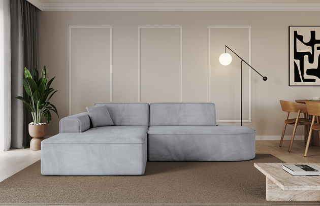 Bezug: Samt, Farbe: Grau - Dream Velvet 202.17, Stellvariante: Ottomane Links, Stoffbeschreibung: Polsterstoff Dream Velvet: Wasserabweisender und leicht zu reinigender Möbelstoff, scheuerfest (30.000 Martindale-Zyklen) lichtecht (6) und pillingarm (4-5), aus 100 % PES, Gewicht 360 g/m2 ±5 %, Materialzusammensetzung: 100% Polyseter, Pilling Resistenz: 4.maj, Abriebfestigkeit: 5, Scheuerbeständigkeit: 30000 Martindale-Zyklen, Ausstattung: Kissen, Zimmer: Wohnzimmer, Tiefe: 165 cm, Breite: 232 cm, Höhe: 77 cm, Anzahl der Sitzflächen: 3, Art der Rückenkissen: Rückenlehne - feste, Annzahl der Sitzkissen: 2, Anzahl der Zierkissen: 1, Breite der Armlehnen: 25 cm, Höhe der Armlehnen: 58 cm, Breite der Ottomane: 108 cm, Tiefe der Ottomane: 143 cm, Tiefe der Sitzfläche: 62 cm, Sitzhöhe: 41 cm, Schlaffunktion: Ohne Schlaffunktion - 1