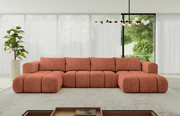 Bezug: Samt, Farbe: Apricot - Dream Velvet 202.07, Stellvariante: U-Form, Stoffbeschreibung: Polsterstoff Dream Velvet: Wasserabweisender und leicht zu reinigender Möbelstoff, scheuerfest (30.000 Martindale-Zyklen) lichtecht (6) und pillingarm (4-5), aus 100 % PES, Gewicht 360 g/m2 ±5 %, Materialzusammensetzung: 100% Polyseter, Pilling Resistenz: 4, Abriebfestigkeit: 5, Scheuerbeständigkeit: 100000 Martindale-Zyklen, Zimmer: Wohnzimmer, Tiefe: 185 cm, Breite: 185 cm, Höhe: 90 cm, Länge der Schlaffläche: 340 cm, Breite der Schlaffläche: 140 cm, Liegehöhe: 42 cm, Anzahl der Sitzflächen: 6, Sitzfüllung: Wellenfeder + HR35 und T30-Schaum, Anzahl der Rückenkissen: 4, Art der Rückenkissen: Rückenkissen, Annzahl der Sitzkissen: 3, Material der Füße: Kunststoff, Höhe der Füße: 1,5 cm, Tiefe der Armlehnen: 100 cm, Breite der Armlehnen: 22 cm, Höhe der Armlehnen: 63 cm, Breite der Ottomane: 120 cm, Tiefe der Ottomane: 150 cm, Tiefe der Sitzfläche: 70 cm, Sitzhöhe: 42 cm, Art des Stauraumes: Innenfach geschlossen, Ausstattung: Nicht zutreffend, Anzahl der Zierkissen: Nicht zutreffend - 1