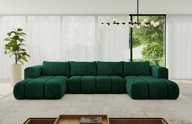 Bezug: Samt, Farbe: Grün - Dream Velvet 202.31, Stellvariante: U-Form, Stoffbeschreibung: Polsterstoff Dream Velvet: Wasserabweisender und leicht zu reinigender Möbelstoff, scheuerfest (30.000 Martindale-Zyklen) lichtecht (6) und pillingarm (4-5), aus 100 % PES, Gewicht 360 g/m2 ±5 %, Materialzusammensetzung: 100% Polyseter, Pilling Resistenz: 4, Abriebfestigkeit: 5, Scheuerbeständigkeit: 100000 Martindale-Zyklen, Zimmer: Wohnzimmer, Tiefe: 185 cm, Breite: 185 cm, Höhe: 90 cm, Länge der Schlaffläche: 340 cm, Breite der Schlaffläche: 140 cm, Liegehöhe: 42 cm, Anzahl der Sitzflächen: 6, Sitzfüllung: Wellenfeder + HR35 und T30-Schaum, Anzahl der Rückenkissen: 4, Art der Rückenkissen: Rückenkissen, Annzahl der Sitzkissen: 3, Material der Füße: Kunststoff, Höhe der Füße: 1,5 cm, Tiefe der Armlehnen: 100 cm, Breite der Armlehnen: 22 cm, Höhe der Armlehnen: 63 cm, Breite der Ottomane: 120 cm, Tiefe der Ottomane: 150 cm, Tiefe der Sitzfläche: 70 cm, Sitzhöhe: 42 cm, Art des Stauraumes: Innenfach geschlossen, Ausstattung: Nicht zutreffend, Anzahl der Zierkissen: Nicht zutreffend, Schlaffunktion: Mit Schlaffunktion - 1