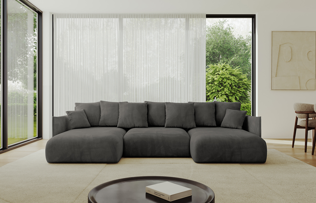 Bezug: Samt, Farbe: Dunkelgrau - Dream Velvet 202.13, Stellvariante: U-Form, Stoffbeschreibung: Polsterstoff Dream Velvet: Wasserabweisender und leicht zu reinigender Möbelstoff, scheuerfest (30.000 Martindale-Zyklen) lichtecht (6) und pillingarm (4-5), aus 100 % PES, Gewicht 360 g/m2 ±5 %, Materialzusammensetzung: 100% Polyseter, Pilling Resistenz: 4, Abriebfestigkeit: 5, Scheuerbeständigkeit: 100000 Martindale-Zyklen, Ausstattung: Kissen, Zimmer: Wohnzimmer, Tiefe: 177 cm, Breite: 317 cm, Höhe: 72 cm, Länge der Schlaffläche: 303 cm, Breite der Schlaffläche: 158 cm, Liegehöhe: 42 cm, Anzahl der Sitzflächen: 6, Sitzfüllung: Wellenfeder + HR35 und T30-Schaum, Anzahl der Rückenkissen: 7, Art der Rückenkissen: Rückenkissen, Annzahl der Sitzkissen: 3, Anzahl der Zierkissen: 2, Material der Füße: Kunststoff, Höhe der Füße: 5 cm, Farbe der Füße: Schwarz, Tiefe der Armlehnen: 123 cm, Breite der Armlehnen: 7 cm, Höhe der Armlehnen: 60 cm, Breite der Ottomane: 101 cm, Tiefe der Ottomane: 158 cm, Tiefe der Sitzfläche: 114 cm, Sitzhöhe: 42 cm, Art des Stauraumes: Innenfach geschlossen, Schlaffunktion: Mit Schlaffunktion - 1