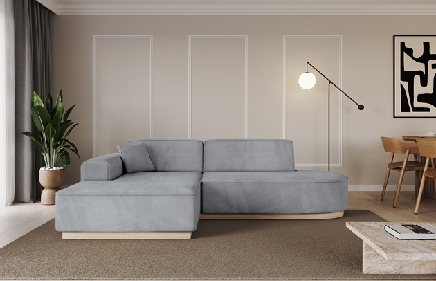 Bezug: Samt, Farbe: Grau - Dream Velvet 202.17, Stellvariante: Ottomane Links, Stoffbeschreibung: Polsterstoff Dream Velvet: Wasserabweisender und leicht zu reinigender Möbelstoff, scheuerfest (30.000 Martindale-Zyklen) lichtecht (6) und pillingarm (4-5), aus 100 % PES, Gewicht 360 g/m2 ±5 %, Materialzusammensetzung: 100% Polyseter, Pilling Resistenz: 4.maj, Abriebfestigkeit: 5, Scheuerbeständigkeit: 30000 Martindale-Zyklen, Ausstattung: 100000, Zimmer: Wohnzimmer, Tiefe: 165 cm, Breite: 232 cm, Höhe: 80 cm, Anzahl der Sitzflächen: 3, Sitzfüllung: Wellenfeder + T30-Schaum, Annzahl der Sitzkissen: ruckenlehne-feste, Anzahl der Zierkissen: 2, Breite der Armlehnen: 25 cm, Höhe der Armlehnen: 58 cm, Breite der Ottomane: 108 cm, Tiefe der Ottomane: 143 cm, Tiefe der Sitzfläche: 62 cm, Sitzhöhe: 44 cm, Schlaffunktion: Ohne Schlaffunktion - 1