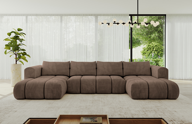 Bezug: Samt, Farbe: Braun - Dream Velvet 202.37, Stellvariante: U-Form, Stoffbeschreibung: Polsterstoff Dream Velvet: Wasserabweisender und leicht zu reinigender Möbelstoff, scheuerfest (30.000 Martindale-Zyklen) lichtecht (6) und pillingarm (4-5), aus 100 % PES, Gewicht 360 g/m2 ±5 %, Materialzusammensetzung: 100% Polyseter, Pilling Resistenz: 4, Abriebfestigkeit: 5, Scheuerbeständigkeit: 100000 Martindale-Zyklen, Zimmer: Wohnzimmer, Tiefe: 185 cm, Breite: 185 cm, Höhe: 90 cm, Länge der Schlaffläche: 340 cm, Breite der Schlaffläche: 140 cm, Liegehöhe: 42 cm, Anzahl der Sitzflächen: 6, Sitzfüllung: Wellenfeder + HR35 und T30-Schaum, Anzahl der Rückenkissen: 4, Art der Rückenkissen: Rückenkissen, Annzahl der Sitzkissen: 3, Material der Füße: Kunststoff, Höhe der Füße: 1,5 cm, Tiefe der Armlehnen: 100 cm, Breite der Armlehnen: 22 cm, Höhe der Armlehnen: 63 cm, Breite der Ottomane: 120 cm, Tiefe der Ottomane: 150 cm, Tiefe der Sitzfläche: 70 cm, Sitzhöhe: 42 cm, Art des Stauraumes: Innenfach geschlossen, Ausstattung: Nicht zutreffend, Anzahl der Zierkissen: Nicht zutreffend, Schlaffunktion: Mit Schlaffunktion - 1