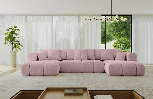 Bezug: Cord, Farbe: Rosa - Poso 145, Stellvariante: U-Form, Stoffbeschreibung: POSO ist ein angenehm anzufühlender Velours mit Kordstruktur (35000 MartindaleZyklen) und leicht zu reinigender Möbellstoff, lichtecht (5) und pillingarm (5), Gewicht 380 g/m2 ±5%, Materialzusammensetzung: 90% Polyseter, 10% Nylon, Pilling Resistenz: 5, Abriebfestigkeit: 5, Scheuerbeständigkeit: 100000 Martindale-Zyklen, Zimmer: Wohnzimmer, Tiefe: 185 cm, Breite: 405 cm, Höhe: 90 cm, Länge der Schlaffläche: 340 cm, Breite der Schlaffläche: 140 cm, Liegehöhe: 42 cm, Anzahl der Sitzflächen: 6, Anzahl der Rückenkissen: 9, Art der Rückenkissen: Rückenkissen, Annzahl der Sitzkissen: 3, Anzahl der Zierkissen: 2, Material der Füße: Kunststoff, Höhe der Füße: 1,5 cm, Tiefe der Armlehnen: 100 cm, Breite der Armlehnen: 22 cm, Höhe der Armlehnen: 63 cm, Breite der Ottomane: 120 cm, Tiefe der Ottomane: 150 cm, Tiefe der Sitzfläche: 70 cm, Sitzhöhe: 42 cm, Art des Stauraumes: Innenfach geschlossen, Schlaffunktion: Mit Schlaffunktion - 1
