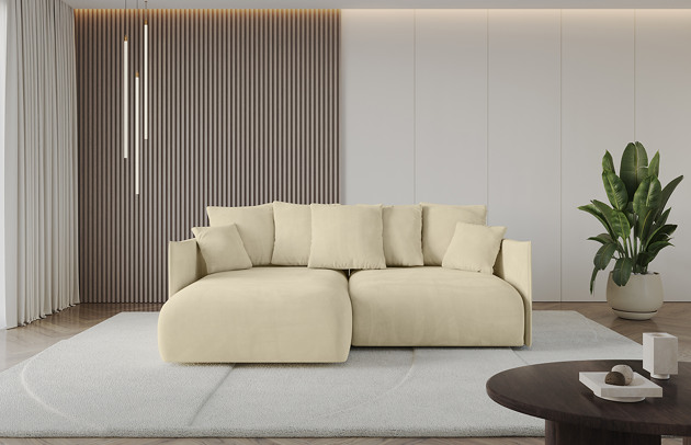 Bezug: Samt, Farbe: Beige - Dream Velvet 202.02, Stellvariante: Ottomane Links, Stoffbeschreibung: Polsterstoff Dream Velvet: Wasserabweisender und leicht zu reinigender Möbelstoff, scheuerfest (30.000 Martindale-Zyklen) lichtecht (6) und pillingarm (4-5), aus 100 % PES, Gewicht 360 g/m2 ±5 %, Materialzusammensetzung: 100% Polyseter, Pilling Resistenz: 4, Abriebfestigkeit: 4, Scheuerbeständigkeit: 100000 Martindale-Zyklen, Ausstattung: Kissen, Zimmer: Wohnzimmer, Tiefe: 177 cm, Breite: 216 cm, Höhe: 72 cm, Länge der Schlaffläche: 202 cm, Breite der Schlaffläche: 158 cm, Liegehöhe: 42 cm, Anzahl der Sitzflächen: 4, Anzahl der Rückenkissen: 5, Art der Rückenkissen: Rückenkissen, Annzahl der Sitzkissen: 2, Anzahl der Zierkissen: 2, Tiefe der Armlehnen: 123 cm, Breite der Armlehnen: 7 cm, Höhe der Armlehnen: 60 cm, Breite der Ottomane: 101 cm, Tiefe der Ottomane: 158 cm, Tiefe der Sitzfläche: 114 cm, Sitzhöhe: 42 cm, Art des Stauraumes: Innenfach geschlossen, Material der Füße: Kunststoff, Höhe der Füße: 5 cm, Farbe der Füße: Schwarz, Schlaffunktion: Mit Schlaffunktion - 1