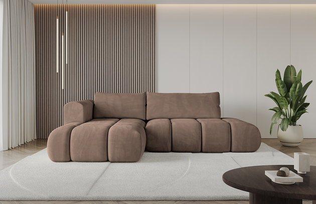 Bezug: Samt, Farbe: Braun - Dream Velvet 202.37, Stellvariante: Ottomane Links, Stoffbeschreibung: Polsterstoff Dream Velvet: Wasserabweisender und leicht zu reinigender Möbelstoff, scheuerfest (30.000 Martindale-Zyklen) lichtecht (6) und pillingarm (4-5), aus 100 % PES, Gewicht 360 g/m2 ±5 %, Materialzusammensetzung: 100% Polyseter, Pilling Resistenz: 4, Abriebfestigkeit: 5, Scheuerbeständigkeit: 100000 Martindale-Zyklen, Zimmer: Wohnzimmer, Tiefe: 185 cm, Breite: 185 cm, Höhe: 90 cm, Länge der Schlaffläche: 240 cm, Breite der Schlaffläche: 140 cm, Liegehöhe: 42 cm, Anzahl der Sitzflächen: 4, Sitzfüllung: Wellenfeder + HR35 und T30-Schaum, Anzahl der Rückenkissen: 2, Art der Rückenkissen: Rückenkissen, Annzahl der Sitzkissen: 2, Material der Füße: Kunststoff, Höhe der Füße: 1,5 cm, Tiefe der Armlehnen: 100 cm, Breite der Armlehnen: 22 cm, Höhe der Armlehnen: 63 cm, Breite der Ottomane: 120 cm, Tiefe der Ottomane: 150 cm, Tiefe der Sitzfläche: 70 cm, Sitzhöhe: 42 cm, Art des Stauraumes: Innenfach geschlossen, Ausstattung: Nicht zutreffend, Anzahl der Zierkissen: Nicht zutreffend, Schlaffunktion: Mit Schlaffunktion - 1
