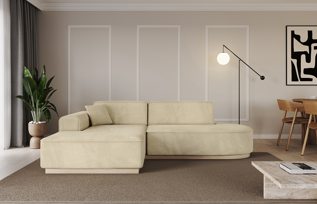 Bezug: Samt, Farbe: Beige - Dream Velvet 202.02, Stellvariante: Ottomane Links, Stoffbeschreibung: Polsterstoff Dream Velvet: Wasserabweisender und leicht zu reinigender Möbelstoff, scheuerfest (30.000 Martindale-Zyklen) lichtecht (6) und pillingarm (4-5), aus 100 % PES, Gewicht 360 g/m2 ±5 %, Materialzusammensetzung: 100% Polyseter, Pilling Resistenz: 4.maj, Abriebfestigkeit: 5, Scheuerbeständigkeit: 30000 Martindale-Zyklen, Ausstattung: 100000, Zimmer: Wohnzimmer, Tiefe: 165 cm, Breite: 232 cm, Höhe: 80 cm, Anzahl der Sitzflächen: 3, Sitzfüllung: Wellenfeder + T30-Schaum, Annzahl der Sitzkissen: ruckenlehne-feste, Anzahl der Zierkissen: 2, Breite der Armlehnen: 25 cm, Höhe der Armlehnen: 58 cm, Breite der Ottomane: 108 cm, Tiefe der Ottomane: 143 cm, Tiefe der Sitzfläche: 62 cm, Sitzhöhe: 44 cm, Schlaffunktion: Ohne Schlaffunktion - 1