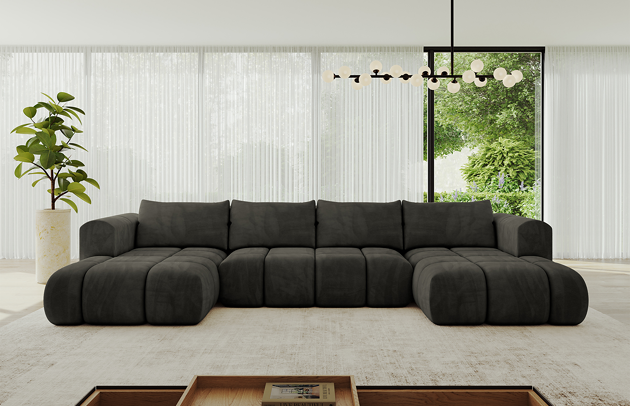 Bezug: Samt, Farbe: Schwarz - Dream Velvet 202.12, Stellvariante: U-Form, Stoffbeschreibung: Polsterstoff Dream Velvet: Wasserabweisender und leicht zu reinigender Möbelstoff, scheuerfest (30.000 Martindale-Zyklen) lichtecht (6) und pillingarm (4-5), aus 100 % PES, Gewicht 360 g/m2 ±5 %, Materialzusammensetzung: 100% Polyseter, Pilling Resistenz: 4, Abriebfestigkeit: 5, Scheuerbeständigkeit: 100000 Martindale-Zyklen, Zimmer: Wohnzimmer, Tiefe: 185 cm, Breite: 185 cm, Höhe: 90 cm, Länge der Schlaffläche: 340 cm, Breite der Schlaffläche: 140 cm, Liegehöhe: 42 cm, Anzahl der Sitzflächen: 6, Sitzfüllung: Wellenfeder + HR35 und T30-Schaum, Anzahl der Rückenkissen: 4, Art der Rückenkissen: Rückenkissen, Annzahl der Sitzkissen: 3, Material der Füße: Kunststoff, Höhe der Füße: 1,5 cm, Tiefe der Armlehnen: 100 cm, Breite der Armlehnen: 22 cm, Höhe der Armlehnen: 63 cm, Breite der Ottomane: 120 cm, Tiefe der Ottomane: 150 cm, Tiefe der Sitzfläche: 70 cm, Sitzhöhe: 42 cm, Art des Stauraumes: Innenfach geschlossen, Ausstattung: Nicht zutreffend, Anzahl der Zierkissen: Nicht zutreffend, Schlaffunktion: Mit Schlaffunktion - 1