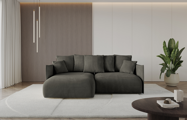 Bezug: Samt, Farbe: Schwarz - Dream Velvet 202.12, Stellvariante: Ottomane Links, Stoffbeschreibung: Polsterstoff Dream Velvet: Wasserabweisender und leicht zu reinigender Möbelstoff, scheuerfest (30.000 Martindale-Zyklen) lichtecht (6) und pillingarm (4-5), aus 100 % PES, Gewicht 360 g/m2 ±5 %, Materialzusammensetzung: 100% Polyseter, Pilling Resistenz: 4, Abriebfestigkeit: 4, Scheuerbeständigkeit: 100000 Martindale-Zyklen, Ausstattung: Kissen, Zimmer: Wohnzimmer, Tiefe: 177 cm, Breite: 216 cm, Höhe: 72 cm, Länge der Schlaffläche: 202 cm, Breite der Schlaffläche: 158 cm, Liegehöhe: 42 cm, Anzahl der Sitzflächen: 4, Anzahl der Rückenkissen: 5, Art der Rückenkissen: Rückenkissen, Annzahl der Sitzkissen: 2, Anzahl der Zierkissen: 2, Tiefe der Armlehnen: 123 cm, Breite der Armlehnen: 7 cm, Höhe der Armlehnen: 60 cm, Breite der Ottomane: 101 cm, Tiefe der Ottomane: 158 cm, Tiefe der Sitzfläche: 114 cm, Sitzhöhe: 42 cm, Art des Stauraumes: Innenfach geschlossen, Material der Füße: Kunststoff, Höhe der Füße: 5 cm, Farbe der Füße: Schwarz, Schlaffunktion: Mit Schlaffunktion - 1