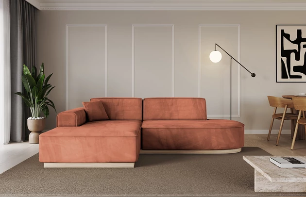 Bezug: Samt, Farbe: Apricot - Dream Velvet 202.07, Stellvariante: Ottomane Links, Stoffbeschreibung: Polsterstoff Dream Velvet: Wasserabweisender und leicht zu reinigender Möbelstoff, scheuerfest (30.000 Martindale-Zyklen) lichtecht (6) und pillingarm (4-5), aus 100 % PES, Gewicht 360 g/m2 ±5 %, Materialzusammensetzung: 100% Polyseter, Pilling Resistenz: 4.maj, Abriebfestigkeit: 5, Scheuerbeständigkeit: 30000 Martindale-Zyklen, Ausstattung: 100000, Zimmer: Wohnzimmer, Tiefe: 165 cm, Breite: 232 cm, Höhe: 80 cm, Anzahl der Sitzflächen: 3, Sitzfüllung: Wellenfeder + T30-Schaum, Annzahl der Sitzkissen: ruckenlehne-feste, Anzahl der Zierkissen: 2, Breite der Armlehnen: 25 cm, Höhe der Armlehnen: 58 cm, Breite der Ottomane: 108 cm, Tiefe der Ottomane: 143 cm, Tiefe der Sitzfläche: 62 cm, Sitzhöhe: 44 cm, Schlaffunktion: Ohne Schlaffunktion - 1