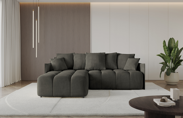 Bezug: Samt, Farbe: Schwarz - Dream Velvet 202.12, Stellvariante: Ottomane Links, Stoffbeschreibung: Polsterstoff Dream Velvet: Wasserabweisender und leicht zu reinigender Möbelstoff, scheuerfest (30.000 Martindale-Zyklen) lichtecht (6) und pillingarm (4-5), aus 100 % PES, Gewicht 360 g/m2 ±5 %, Materialzusammensetzung: 100% Polyseter, Pilling Resistenz: 4, Abriebfestigkeit: 5, Scheuerbeständigkeit: 100000 Martindale-Zyklen, Ausstattung: Kissen, Zimmer: Wohnzimmer, Tiefe: 189 cm, Breite: 251 cm, Höhe: 68 cm, Länge der Schlaffläche: 237 cm, Breite der Schlaffläche: 159 cm, Liegehöhe: 45 cm, Anzahl der Sitzflächen: 4, Sitzfüllung: Wellenfeder + HR35 und T30-Schaum, Anzahl der Rückenkissen: 5, Art der Rückenkissen: Rückenkissen, Annzahl der Sitzkissen: 2, Anzahl der Zierkissen: 2, Tiefe der Armlehnen: 104 cm, Breite der Armlehnen: 7 cm, Höhe der Armlehnen: 63 cm, Breite der Ottomane: 104 cm, Tiefe der Ottomane: 173 cm, Tiefe der Sitzfläche: 88 cm, Sitzhöhe: 45 cm, Art des Stauraumes: Innenfach geschlossen, Schlaffunktion: Mit Schlaffunktion - 1