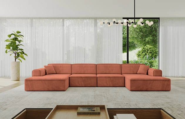 Bezug: Samt, Farbe: Apricot - Dream Velvet 202.07, Stellvariante: U-Form, Stoffbeschreibung: Polsterstoff Dream Velvet: Wasserabweisender und leicht zu reinigender Möbelstoff, scheuerfest (30.000 Martindale-Zyklen) lichtecht (6) und pillingarm (4-5), aus 100 % PES, Gewicht 360 g/m2 ±5 %, Materialzusammensetzung: 100% Polyseter, Pilling Resistenz: 4.maj, Abriebfestigkeit: 5, Scheuerbeständigkeit: 30000 Martindale-Zyklen, Ausstattung: Kissen, Zimmer: Wohnzimmer, Tiefe: 165 cm, Breite: 386 cm, Höhe: 77 cm, Anzahl der Sitzflächen: 6, Sitzfüllung: Wellenfeder + HR35 und T30-Schaum, Art der Rückenkissen: Rückenlehne - feste, Annzahl der Sitzkissen: 4, Anzahl der Zierkissen: 2, Breite der Armlehnen: 25 cm, Höhe der Armlehnen: 58 cm, Breite der Ottomane: 108 cm, Tiefe der Ottomane: 143 cm, Tiefe der Sitzfläche: 62 cm, Sitzhöhe: 41 cm, Schlaffunktion: Ohne Schlaffunktion - 1