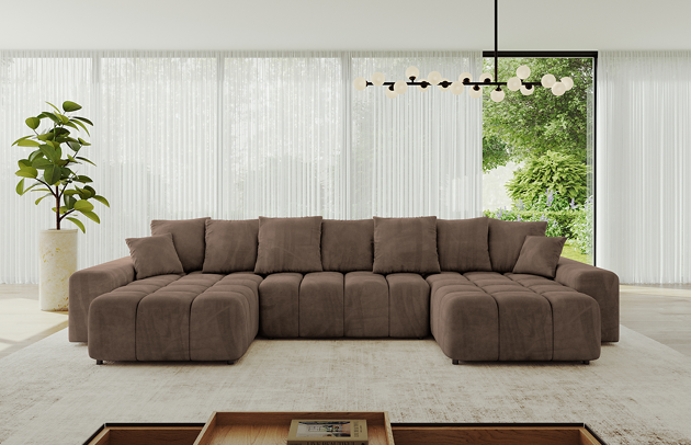 Bezug: Samt, Farbe: Braun - Dream Velvet 202.37, Stellvariante: U-Form, Stoffbeschreibung: Polsterstoff Dream Velvet: Wasserabweisender und leicht zu reinigender Möbelstoff, scheuerfest (30.000 Martindale-Zyklen) lichtecht (6) und pillingarm (4-5), aus 100 % PES, Gewicht 360 g/m2 ±5 %, Materialzusammensetzung: 100% Polyseter, Pilling Resistenz: 4, Abriebfestigkeit: 5, Scheuerbeständigkeit: 100000 Martindale-Zyklen, Zimmer: Wohnzimmer, Tiefe: 189 cm, Breite: 401 cm, Höhe: 68 cm, Länge der Schlaffläche: 341 cm, Breite der Schlaffläche: 159 cm, Liegehöhe: 43 cm, Anzahl der Sitzflächen: 6, Sitzfüllung: Wellenfeder + HR35 und T30-Schaum, Anzahl der Rückenkissen: 6, Art der Rückenkissen: Rückenkissen, Annzahl der Sitzkissen: 3, Anzahl der Zierkissen: 2, Material der Füße: Kunststoff, Höhe der Füße: 5 cm, Tiefe der Armlehnen: 124 cm, Breite der Armlehnen: 30 cm, Höhe der Armlehnen: 55 cm, Breite der Ottomane: 104 cm, Tiefe der Ottomane: 173 cm, Tiefe der Sitzfläche: 88 cm, Sitzhöhe: 45 cm, Art des Stauraumes: Innenfach geschlossen, Schlaffunktion: Mit Schlaffunktion - 1