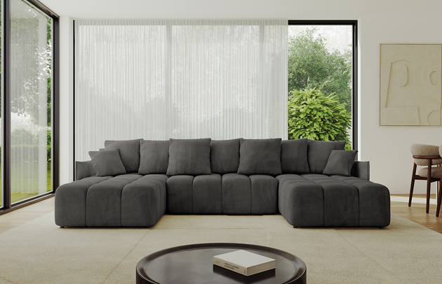 Bezug: Samt, Farbe: Dunkelgrau - Dream Velvet 202.13, Stellvariante: U-Form, Stoffbeschreibung: Polsterstoff Dream Velvet: Wasserabweisender und leicht zu reinigender Möbelstoff, scheuerfest (30.000 Martindale-Zyklen) lichtecht (6) und pillingarm (4-5), aus 100 % PES, Gewicht 360 g/m2 ±5 %, Materialzusammensetzung: 100% Polyseter, Pilling Resistenz: 4, Abriebfestigkeit: 5, Scheuerbeständigkeit: 100000 Martindale-Zyklen, Ausstattung: Kissen, Zimmer: Wohnzimmer, Tiefe: 189 cm, Breite: 355 cm, Höhe: 68 cm, Länge der Schlaffläche: 341 cm, Breite der Schlaffläche: 159 cm, Liegehöhe: 45 cm, Anzahl der Sitzflächen: 6, Sitzfüllung: Wellenfeder + HR35 und T30-Schaum, Anzahl der Rückenkissen: 7, Art der Rückenkissen: Rückenkissen, Annzahl der Sitzkissen: 3, Anzahl der Zierkissen: 2, Tiefe der Armlehnen: 104 cm, Breite der Armlehnen: 7 cm, Höhe der Armlehnen: 63 cm, Breite der Ottomane: 104 cm, Tiefe der Ottomane: 173 cm, Tiefe der Sitzfläche: 88 cm, Sitzhöhe: 45 cm, Art des Stauraumes: Innenfach geschlossen, Schlaffunktion: Mit Schlaffunktion - 1