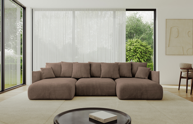 Bezug: Samt, Farbe: Braun - Dream Velvet 202.37, Stellvariante: U-Form, Stoffbeschreibung: Polsterstoff Dream Velvet: Wasserabweisender und leicht zu reinigender Möbelstoff, scheuerfest (30.000 Martindale-Zyklen) lichtecht (6) und pillingarm (4-5), aus 100 % PES, Gewicht 360 g/m2 ±5 %, Materialzusammensetzung: 100% Polyseter, Pilling Resistenz: 4, Abriebfestigkeit: 5, Scheuerbeständigkeit: 100000 Martindale-Zyklen, Ausstattung: Kissen, Zimmer: Wohnzimmer, Tiefe: 177 cm, Breite: 317 cm, Höhe: 72 cm, Länge der Schlaffläche: 303 cm, Breite der Schlaffläche: 158 cm, Liegehöhe: 42 cm, Anzahl der Sitzflächen: 6, Sitzfüllung: Wellenfeder + HR35 und T30-Schaum, Anzahl der Rückenkissen: 7, Art der Rückenkissen: Rückenkissen, Annzahl der Sitzkissen: 3, Anzahl der Zierkissen: 2, Material der Füße: Kunststoff, Höhe der Füße: 5 cm, Farbe der Füße: Schwarz, Tiefe der Armlehnen: 123 cm, Breite der Armlehnen: 7 cm, Höhe der Armlehnen: 60 cm, Breite der Ottomane: 101 cm, Tiefe der Ottomane: 158 cm, Tiefe der Sitzfläche: 114 cm, Sitzhöhe: 42 cm, Art des Stauraumes: Innenfach geschlossen, Schlaffunktion: Mit Schlaffunktion - 1