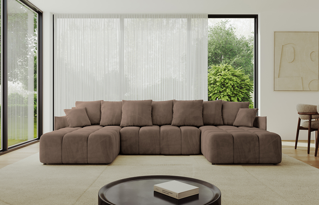 Bezug: Samt, Farbe: Braun - Dream Velvet 202.37, Stellvariante: U-Form, Stoffbeschreibung: Polsterstoff Dream Velvet: Wasserabweisender und leicht zu reinigender Möbelstoff, scheuerfest (30.000 Martindale-Zyklen) lichtecht (6) und pillingarm (4-5), aus 100 % PES, Gewicht 360 g/m2 ±5 %, Materialzusammensetzung: 100% Polyseter, Pilling Resistenz: 4, Abriebfestigkeit: 5, Scheuerbeständigkeit: 100000 Martindale-Zyklen, Ausstattung: Kissen, Zimmer: Wohnzimmer, Tiefe: 189 cm, Breite: 355 cm, Höhe: 68 cm, Länge der Schlaffläche: 341 cm, Breite der Schlaffläche: 159 cm, Liegehöhe: 45 cm, Anzahl der Sitzflächen: 6, Sitzfüllung: Wellenfeder + HR35 und T30-Schaum, Anzahl der Rückenkissen: 7, Art der Rückenkissen: Rückenkissen, Annzahl der Sitzkissen: 3, Anzahl der Zierkissen: 2, Tiefe der Armlehnen: 104 cm, Breite der Armlehnen: 7 cm, Höhe der Armlehnen: 63 cm, Breite der Ottomane: 104 cm, Tiefe der Ottomane: 173 cm, Tiefe der Sitzfläche: 88 cm, Sitzhöhe: 45 cm, Art des Stauraumes: Innenfach geschlossen, Schlaffunktion: Mit Schlaffunktion - 1