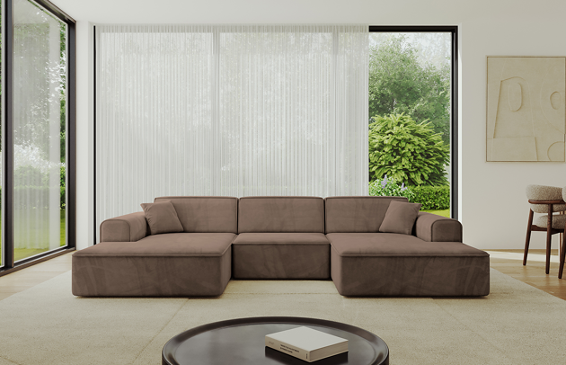 Bezug: Samt, Farbe: Braun - Dream Velvet 202.37, Stellvariante: U-Form, Stoffbeschreibung: Polsterstoff Dream Velvet: Wasserabweisender und leicht zu reinigender Möbelstoff, scheuerfest (30.000 Martindale-Zyklen) lichtecht (6) und pillingarm (4-5), aus 100 % PES, Gewicht 360 g/m2 ±5 %, Materialzusammensetzung: 100% Polyseter, Pilling Resistenz: 4.maj, Abriebfestigkeit: 5, Scheuerbeständigkeit: 30000 Martindale-Zyklen, Ausstattung: Kissen, Zimmer: Wohnzimmer, Tiefe: 165 cm, Breite: 301 cm, Höhe: 80 cm, Anzahl der Sitzflächen: 4, Sitzfüllung: Wellenfeder + HR35 und T30-Schaum, Art der Rückenkissen: Rückenlehne - feste, Annzahl der Sitzkissen: 3, Anzahl der Zierkissen: 2, Breite der Armlehnen: 25 cm, Höhe der Armlehnen: 58 cm, Breite der Ottomane: 108 cm, Tiefe der Ottomane: 143 cm, Tiefe der Sitzfläche: 62 cm, Sitzhöhe: 44 cm, Schlaffunktion: Ohne Schlaffunktion - 1