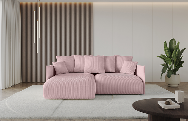 Bezug: Cord, Farbe: Rosa - Poso 145, Stellvariante: Ottomane Links, Stoffbeschreibung: POSO ist ein angenehm anzufühlender Velours mit Kordstruktur (35000 MartindaleZyklen) und leicht zu reinigender Möbellstoff, lichtecht (5) und pillingarm (5), Gewicht 380 g/m2 ±5%, Materialzusammensetzung: 90% Polyseter, 10% Nylon, Pilling Resistenz: 5, Abriebfestigkeit: 4, Scheuerbeständigkeit: 30000 Martindale-Zyklen, Ausstattung: Kissen, Zimmer: Wohnzimmer, Tiefe: 177 cm, Breite: 216 cm, Höhe: 72 cm, Länge der Schlaffläche: 202 cm, Breite der Schlaffläche: 158-cm, Liegehöhe: 42 cm, Anzahl der Sitzflächen: 4, Sitzfüllung: Wellenfeder + HR35 und T30-Schaum, Anzahl der Rückenkissen: 5, Art der Rückenkissen: Rückenkissen, Annzahl der Sitzkissen: 2, Anzahl der Zierkissen: 2, Tiefe der Armlehnen: 123 cm, Breite der Armlehnen: 7 cm, Höhe der Armlehnen: 60 cm, Breite der Ottomane: 101 cm, Tiefe der Ottomane: 158 cm, Tiefe der Sitzfläche: 114 cm, Sitzhöhe: 42 cm, Art des Stauraumes: Innenfach geschlossen, Material der Füße: Kunststoff, Höhe der Füße: 5 cm, Farbe der Füße: Schwarz - 1