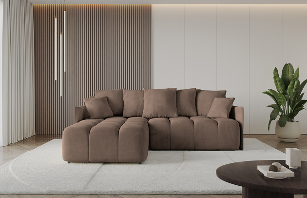 Bezug: Samt, Farbe: Braun - Dream Velvet 202.37, Stellvariante: Ottomane Links, Stoffbeschreibung: Polsterstoff Dream Velvet: Wasserabweisender und leicht zu reinigender Möbelstoff, scheuerfest (30.000 Martindale-Zyklen) lichtecht (6) und pillingarm (4-5), aus 100 % PES, Gewicht 360 g/m2 ±5 %, Materialzusammensetzung: 100% Polyseter, Pilling Resistenz: 4, Abriebfestigkeit: 5, Scheuerbeständigkeit: 100000 Martindale-Zyklen, Ausstattung: Kissen, Zimmer: Wohnzimmer, Tiefe: 189 cm, Breite: 251 cm, Höhe: 68 cm, Länge der Schlaffläche: 237 cm, Breite der Schlaffläche: 159 cm, Liegehöhe: 45 cm, Anzahl der Sitzflächen: 4, Sitzfüllung: Wellenfeder + HR35 und T30-Schaum, Anzahl der Rückenkissen: 5, Art der Rückenkissen: Rückenkissen, Annzahl der Sitzkissen: 2, Anzahl der Zierkissen: 2, Tiefe der Armlehnen: 104 cm, Breite der Armlehnen: 7 cm, Höhe der Armlehnen: 63 cm, Breite der Ottomane: 104 cm, Tiefe der Ottomane: 173 cm, Tiefe der Sitzfläche: 88 cm, Sitzhöhe: 45 cm, Art des Stauraumes: Innenfach geschlossen, Schlaffunktion: Mit Schlaffunktion - 1