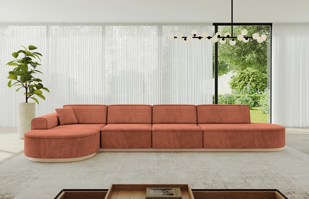 Bezug: Samt, Farbe: Apricot - Dream Velvet 202.07, Stellvariante: Ottomane Links, Stoffbeschreibung: Polsterstoff Dream Velvet: Wasserabweisender und leicht zu reinigender Möbelstoff, scheuerfest (30.000 Martindale-Zyklen) lichtecht (6) und pillingarm (4-5), aus 100 % PES, Gewicht 360 g/m2 ±5 %, Materialzusammensetzung: 100% Polyseter, Pilling Resistenz: 4-5, Abriebfestigkeit: 5, Scheuerbeständigkeit: 30000 Martindale-Zyklen, Ausstattung: Kissen, Zimmer: Wohnzimmer, Tiefe: 171 cm, Breite: 413 cm, Höhe: 83 cm, Anzahl der Sitzflächen: 5, Sitzfüllung: Wellenfeder + HR35 und T30-Schaum, Art der Rückenkissen: Rückenlehne - feste, Annzahl der Sitzkissen: 4, Anzahl der Zierkissen: 1, Breite der Armlehnen: 20 cm, Höhe der Armlehnen: 58 cm, Breite der Ottomane: 109 cm, Tiefe der Ottomane: 151 cm, Tiefe der Sitzfläche: 62 cm, Sitzhöhe: 47 cm, Schlaffunktion: Ohne Schlaffunktion - 1