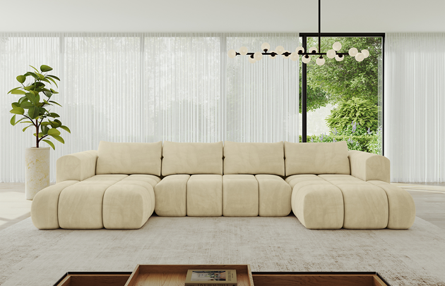 Bezug: Samt, Farbe: Beige - Dream Velvet 202.02, Stellvariante: U-Form, Stoffbeschreibung: Polsterstoff Dream Velvet: Wasserabweisender und leicht zu reinigender Möbelstoff, scheuerfest (30.000 Martindale-Zyklen) lichtecht (6) und pillingarm (4-5), aus 100 % PES, Gewicht 360 g/m2 ±5 %, Materialzusammensetzung: 100% Polyseter, Pilling Resistenz: 4, Abriebfestigkeit: 5, Scheuerbeständigkeit: 100000 Martindale-Zyklen, Zimmer: Wohnzimmer, Tiefe: 185 cm, Breite: 185 cm, Höhe: 90 cm, Länge der Schlaffläche: 340 cm, Breite der Schlaffläche: 140 cm, Liegehöhe: 42 cm, Anzahl der Sitzflächen: 6, Sitzfüllung: Wellenfeder + HR35 und T30-Schaum, Anzahl der Rückenkissen: 4, Art der Rückenkissen: Rückenkissen, Annzahl der Sitzkissen: 3, Material der Füße: Kunststoff, Höhe der Füße: 1,5 cm, Tiefe der Armlehnen: 100 cm, Breite der Armlehnen: 22 cm, Höhe der Armlehnen: 63 cm, Breite der Ottomane: 120 cm, Tiefe der Ottomane: 150 cm, Tiefe der Sitzfläche: 70 cm, Sitzhöhe: 42 cm, Art des Stauraumes: Innenfach geschlossen, Ausstattung: Nicht zutreffend, Anzahl der Zierkissen: Nicht zutreffend, Schlaffunktion: Mit Schlaffunktion - 1