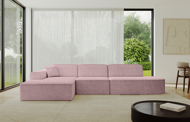 Bezug: Cord, Farbe: Rosa - Poso 145, Stellvariante: Ottomane Links, Stoffbeschreibung: POSO ist ein angenehm anzufühlender Velours mit Kordstruktur (35000 MartindaleZyklen) und leicht zu reinigender Möbellstoff, lichtecht (5) und pillingarm (5), Gewicht 380 g/m2 ±5%, Materialzusammensetzung: 90% Polyseter, 10% Nylon, Pilling Resistenz: 5, Abriebfestigkeit: 5, Scheuerbeständigkeit: 30000, Ausstattung: Kissen, Zimmer: Wohnzimmer, Tiefe: 165 cm, Breite: 327 cm, Höhe: 77 cm, Anzahl der Sitzflächen: 4, Sitzfüllung: Wellenfeder + T30-Schaum, Art der Rückenkissen: Rückenlehne - feste, Annzahl der Sitzkissen: 3, Anzahl der Zierkissen: 1, Breite der Armlehnen: 25 cm, Höhe der Armlehnen: 58 cm, Breite der Ottomane: 108 cm, Tiefe der Ottomane: 143 cm, Tiefe der Sitzfläche: 62 cm, Sitzhöhe: 41 cm, Schlaffunktion: Ohne Schlaffunktion - 1