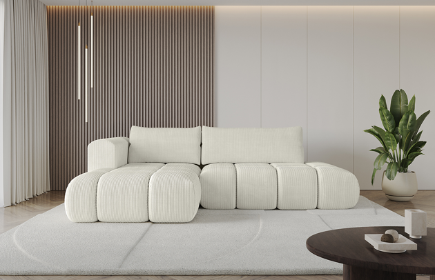 Bezug: Cord, Farbe: Cremeweiß - Poso 100, Stellvariante: Ottomane Links, Stoffbeschreibung: POSO ist ein angenehm anzufühlender Velours mit Kordstruktur (35000 MartindaleZyklen) und leicht zu reinigender Möbellstoff, lichtecht (5) und pillingarm (5), Gewicht 380 g/m2 ±5%, Materialzusammensetzung: 90% Polyseter, 10% Nylon, Pilling Resistenz: 5, Abriebfestigkeit: 5, Scheuerbeständigkeit: 100000 Martindale-Zyklen, Zimmer: Wohnzimmer, Tiefe: 185 cm, Breite: 185 cm, Höhe: 90 cm, Länge der Schlaffläche: 240 cm, Breite der Schlaffläche: 140 cm, Liegehöhe: 42 cm, Anzahl der Sitzflächen: 4, Sitzfüllung: Wellenfeder + HR35 und T30-Schaum, Anzahl der Rückenkissen: 2, Art der Rückenkissen: Rückenkissen, Annzahl der Sitzkissen: 2, Material der Füße: Kunststoff, Höhe der Füße: 1,5 cm, Tiefe der Armlehnen: 100 cm, Breite der Armlehnen: 22 cm, Höhe der Armlehnen: 63 cm, Breite der Ottomane: 120 cm, Tiefe der Ottomane: 150 cm, Tiefe der Sitzfläche: 70 cm, Sitzhöhe: 42 cm, Art des Stauraumes: Innenfach geschlossen, Ausstattung: Nicht zutreffend, Anzahl der Zierkissen: Nicht zutreffend, Schlaffunktion: Mit Schlaffunktion - 1