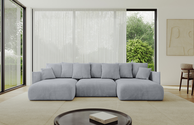 Bezug: Samt, Farbe: Grau - Dream Velvet 202.17, Stellvariante: U-Form, Stoffbeschreibung: Polsterstoff Dream Velvet: Wasserabweisender und leicht zu reinigender Möbelstoff, scheuerfest (30.000 Martindale-Zyklen) lichtecht (6) und pillingarm (4-5), aus 100 % PES, Gewicht 360 g/m2 ±5 %, Materialzusammensetzung: 100% Polyseter, Pilling Resistenz: 4, Abriebfestigkeit: 5, Scheuerbeständigkeit: 100000 Martindale-Zyklen, Ausstattung: Kissen, Zimmer: Wohnzimmer, Tiefe: 177 cm, Breite: 317 cm, Höhe: 72 cm, Länge der Schlaffläche: 303 cm, Breite der Schlaffläche: 158 cm, Liegehöhe: 42 cm, Anzahl der Sitzflächen: 6, Sitzfüllung: Wellenfeder + HR35 und T30-Schaum, Anzahl der Rückenkissen: 7, Art der Rückenkissen: Rückenkissen, Annzahl der Sitzkissen: 3, Anzahl der Zierkissen: 2, Material der Füße: Kunststoff, Höhe der Füße: 5 cm, Farbe der Füße: Schwarz, Tiefe der Armlehnen: 123 cm, Breite der Armlehnen: 7 cm, Höhe der Armlehnen: 60 cm, Breite der Ottomane: 101 cm, Tiefe der Ottomane: 158 cm, Tiefe der Sitzfläche: 114 cm, Sitzhöhe: 42 cm, Art des Stauraumes: Innenfach geschlossen, Schlaffunktion: Mit Schlaffunktion - 1