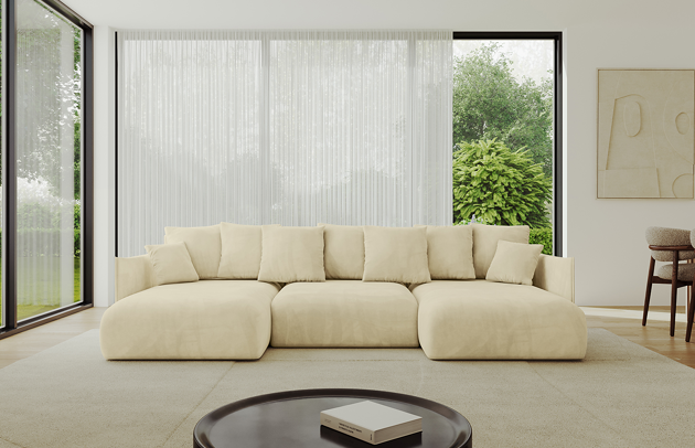 Bezug: Samt, Farbe: Beige - Dream Velvet 202.02, Stellvariante: U-Form, Stoffbeschreibung: Polsterstoff Dream Velvet: Wasserabweisender und leicht zu reinigender Möbelstoff, scheuerfest (30.000 Martindale-Zyklen) lichtecht (6) und pillingarm (4-5), aus 100 % PES, Gewicht 360 g/m2 ±5 %, Materialzusammensetzung: 100% Polyseter, Pilling Resistenz: 4, Abriebfestigkeit: 5, Scheuerbeständigkeit: 100000 Martindale-Zyklen, Ausstattung: Kissen, Zimmer: Wohnzimmer, Tiefe: 177 cm, Breite: 317 cm, Höhe: 72 cm, Länge der Schlaffläche: 303 cm, Breite der Schlaffläche: 158 cm, Liegehöhe: 42 cm, Anzahl der Sitzflächen: 6, Sitzfüllung: Wellenfeder + HR35 und T30-Schaum, Anzahl der Rückenkissen: 7, Art der Rückenkissen: Rückenkissen, Annzahl der Sitzkissen: 3, Anzahl der Zierkissen: 2, Material der Füße: Kunststoff, Höhe der Füße: 5 cm, Farbe der Füße: Schwarz, Tiefe der Armlehnen: 123 cm, Breite der Armlehnen: 7 cm, Höhe der Armlehnen: 60 cm, Breite der Ottomane: 101 cm, Tiefe der Ottomane: 158 cm, Tiefe der Sitzfläche: 114 cm, Sitzhöhe: 42 cm, Art des Stauraumes: Innenfach geschlossen, Schlaffunktion: Mit Schlaffunktion - 1