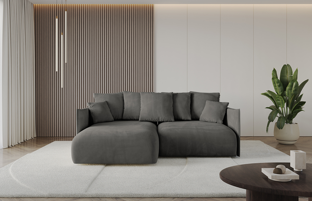 Bezug: Samt, Farbe: Dunkelgrau - Dream Velvet 202.13, Stellvariante: Ottomane Links, Stoffbeschreibung: Polsterstoff Dream Velvet: Wasserabweisender und leicht zu reinigender Möbelstoff, scheuerfest (30.000 Martindale-Zyklen) lichtecht (6) und pillingarm (4-5), aus 100 % PES, Gewicht 360 g/m2 ±5 %, Materialzusammensetzung: 100% Polyseter, Pilling Resistenz: 4, Abriebfestigkeit: 4, Scheuerbeständigkeit: 100000 Martindale-Zyklen, Ausstattung: Kissen, Zimmer: Wohnzimmer, Tiefe: 177 cm, Breite: 216 cm, Höhe: 72 cm, Länge der Schlaffläche: 202 cm, Breite der Schlaffläche: 158-cm, Liegehöhe: 42 cm, Anzahl der Sitzflächen: 4, Sitzfüllung: Wellenfeder + HR35 und T30-Schaum, Anzahl der Rückenkissen: 5, Art der Rückenkissen: Rückenkissen, Annzahl der Sitzkissen: 2, Anzahl der Zierkissen: 2, Tiefe der Armlehnen: 123 cm, Breite der Armlehnen: 7 cm, Höhe der Armlehnen: 60 cm, Breite der Ottomane: 101 cm, Tiefe der Ottomane: 158 cm, Tiefe der Sitzfläche: 114 cm, Sitzhöhe: 42 cm, Art des Stauraumes: Innenfach geschlossen, Material der Füße: Kunststoff, Höhe der Füße: 5 cm, Farbe der Füße: Schwarz - 1