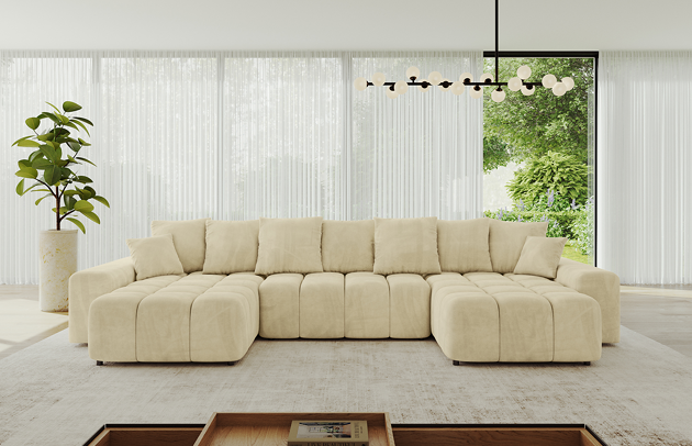 Bezug: Samt, Farbe: Beige - Dream Velvet 202.02, Stellvariante: U-Form, Stoffbeschreibung: Polsterstoff Dream Velvet: Wasserabweisender und leicht zu reinigender Möbelstoff, scheuerfest (30.000 Martindale-Zyklen) lichtecht (6) und pillingarm (4-5), aus 100 % PES, Gewicht 360 g/m2 ±5 %, Materialzusammensetzung: 100% Polyseter, Pilling Resistenz: 4, Abriebfestigkeit: 5, Scheuerbeständigkeit: 100000 Martindale-Zyklen, Zimmer: Wohnzimmer, Tiefe: 189 cm, Breite: 401 cm, Höhe: 68 cm, Länge der Schlaffläche: 341 cm, Breite der Schlaffläche: 159 cm, Liegehöhe: 43 cm, Anzahl der Sitzflächen: 6, Sitzfüllung: Wellenfeder + HR35 und T30-Schaum, Anzahl der Rückenkissen: 6, Art der Rückenkissen: Rückenkissen, Annzahl der Sitzkissen: 3, Anzahl der Zierkissen: 2, Material der Füße: Kunststoff, Höhe der Füße: 5 cm, Tiefe der Armlehnen: 124 cm, Breite der Armlehnen: 30 cm, Höhe der Armlehnen: 55 cm, Breite der Ottomane: 104 cm, Tiefe der Ottomane: 173 cm, Tiefe der Sitzfläche: 88 cm, Sitzhöhe: 45 cm, Art des Stauraumes: Innenfach geschlossen, Schlaffunktion: Mit Schlaffunktion - 1