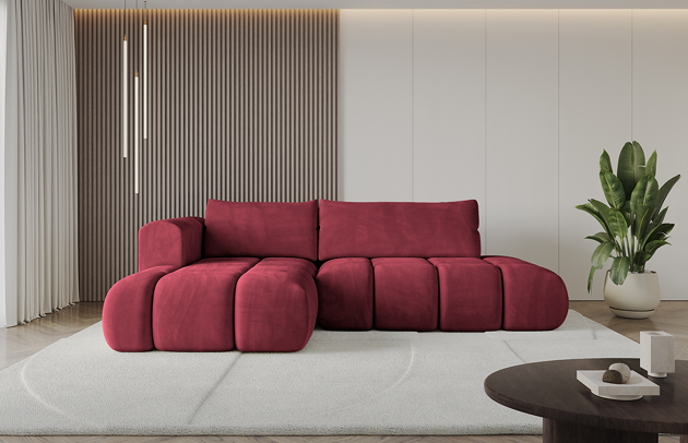 Bezug: Samt, Farbe: Bordeauxrot - Dream Velvet 202.11, Stellvariante: Ottomane Links, Stoffbeschreibung: Polsterstoff Dream Velvet: Wasserabweisender und leicht zu reinigender Möbelstoff, scheuerfest (30.000 Martindale-Zyklen) lichtecht (6) und pillingarm (4-5), aus 100 % PES, Gewicht 360 g/m2 ±5 %, Materialzusammensetzung: 100% Polyseter, Pilling Resistenz: 4, Abriebfestigkeit: 5, Scheuerbeständigkeit: 100000 Martindale-Zyklen, Zimmer: Wohnzimmer, Tiefe: 185 cm, Breite: 185 cm, Höhe: 90 cm, Länge der Schlaffläche: 240 cm, Breite der Schlaffläche: 140 cm, Liegehöhe: 42 cm, Anzahl der Sitzflächen: 4, Sitzfüllung: Wellenfeder + HR35 und T30-Schaum, Anzahl der Rückenkissen: 2, Art der Rückenkissen: Rückenkissen, Annzahl der Sitzkissen: 2, Material der Füße: Kunststoff, Höhe der Füße: 1,5 cm, Tiefe der Armlehnen: 100 cm, Breite der Armlehnen: 22 cm, Höhe der Armlehnen: 63 cm, Breite der Ottomane: 120 cm, Tiefe der Ottomane: 150 cm, Tiefe der Sitzfläche: 70 cm, Sitzhöhe: 42 cm, Art des Stauraumes: Innenfach geschlossen, Ausstattung: Nicht zutreffend, Anzahl der Zierkissen: Nicht zutreffend, Schlaffunktion: Mit Schlaffunktion - 1