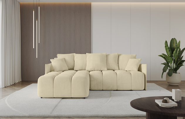 Bezug: Samt, Farbe: Beige - Dream Velvet 202.02, Stellvariante: Ottomane Links, Stoffbeschreibung: Polsterstoff Dream Velvet: Wasserabweisender und leicht zu reinigender Möbelstoff, scheuerfest (30.000 Martindale-Zyklen) lichtecht (6) und pillingarm (4-5), aus 100 % PES, Gewicht 360 g/m2 ±5 %, Materialzusammensetzung: 100% Polyseter, Pilling Resistenz: 4, Abriebfestigkeit: 5, Scheuerbeständigkeit: 100000 Martindale-Zyklen, Ausstattung: Kissen, Zimmer: Wohnzimmer, Tiefe: 189 cm, Breite: 251 cm, Höhe: 68 cm, Länge der Schlaffläche: 237 cm, Breite der Schlaffläche: 159-cm, Liegehöhe: 45 cm, Anzahl der Sitzflächen: 4, Sitzfüllung: Wellenfeder + HR35 und T30-Schaum, Anzahl der Rückenkissen: 5, Art der Rückenkissen: Rückenkissen, Annzahl der Sitzkissen: 2, Anzahl der Zierkissen: 2, Tiefe der Armlehnen: 104 cm, Breite der Armlehnen: 7 cm, Höhe der Armlehnen: 63 cm, Breite der Ottomane: 104 cm, Tiefe der Ottomane: 173 cm, Tiefe der Sitzfläche: 88 cm, Sitzhöhe: 45 cm, Art des Stauraumes: Innenfach geschlossen - 1