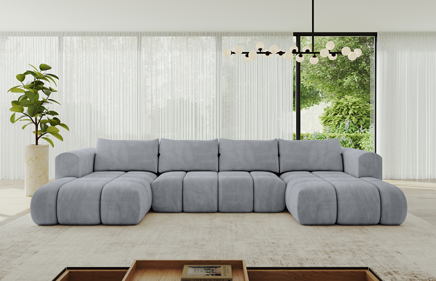 Bezug: Samt, Farbe: Grau - Dream Velvet 202.17, Stellvariante: U-Form, Stoffbeschreibung: Polsterstoff Dream Velvet: Wasserabweisender und leicht zu reinigender Möbelstoff, scheuerfest (30.000 Martindale-Zyklen) lichtecht (6) und pillingarm (4-5), aus 100 % PES, Gewicht 360 g/m2 ±5 %, Materialzusammensetzung: 100% Polyseter, Pilling Resistenz: 4, Abriebfestigkeit: 5, Scheuerbeständigkeit: 100000 Martindale-Zyklen, Zimmer: Wohnzimmer, Tiefe: 185 cm, Breite: 185 cm, Höhe: 90 cm, Länge der Schlaffläche: 340 cm, Breite der Schlaffläche: 140 cm, Liegehöhe: 42 cm, Anzahl der Sitzflächen: 6, Sitzfüllung: Wellenfeder + HR35 und T30-Schaum, Anzahl der Rückenkissen: 4, Art der Rückenkissen: Rückenkissen, Annzahl der Sitzkissen: 3, Material der Füße: Kunststoff, Höhe der Füße: 1,5 cm, Tiefe der Armlehnen: 100 cm, Breite der Armlehnen: 22 cm, Höhe der Armlehnen: 63 cm, Breite der Ottomane: 120 cm, Tiefe der Ottomane: 150 cm, Tiefe der Sitzfläche: 70 cm, Sitzhöhe: 42 cm, Art des Stauraumes: Innenfach geschlossen, Ausstattung: Nicht zutreffend, Anzahl der Zierkissen: Nicht zutreffend, Schlaffunktion: Mit Schlaffunktion - 1