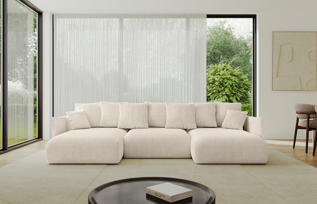 Bezug: Cord, Farbe: Beige - Poso 105, Stellvariante: U-Form, Stoffbeschreibung: POSO ist ein angenehm anzufühlender Velours mit Kordstruktur (35000 MartindaleZyklen) und leicht zu reinigender Möbellstoff, lichtecht (5) und pillingarm (5), Gewicht 380 g/m2 ±5%, Materialzusammensetzung: 90% Polyseter, 10% Nylon, Pilling Resistenz: 5, Abriebfestigkeit: 5, Scheuerbeständigkeit: 30000 Martindale-Zyklen, Ausstattung: Kissen, Zimmer: Wohnzimmer, Tiefe: 177 cm, Breite: 317 cm, Höhe: 72 cm, Länge der Schlaffläche: 303 cm, Breite der Schlaffläche: 158-cm, Liegehöhe: 42 cm, Anzahl der Sitzflächen: 6, Sitzfüllung: Wellenfeder + HR35 und T30-Schaum, Anzahl der Rückenkissen: 7, Art der Rückenkissen: Rückenkissen, Annzahl der Sitzkissen: 3, Anzahl der Zierkissen: 2, Material der Füße: Kunststoff, Höhe der Füße: 5 cm, Farbe der Füße: Schwarz, Tiefe der Armlehnen: 123 cm, Breite der Armlehnen: 7 cm, Höhe der Armlehnen: 60 cm, Breite der Ottomane: 101 cm, Tiefe der Ottomane: 158 cm, Tiefe der Sitzfläche: 114 cm, Sitzhöhe: 42 cm, Art des Stauraumes: Innenfach geschlossen - 1