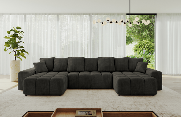 Bezug: Samt, Farbe: Schwarz - Dream Velvet 202.12, Stellvariante: U-Form, Stoffbeschreibung: Polsterstoff Dream Velvet: Wasserabweisender und leicht zu reinigender Möbelstoff, scheuerfest (30.000 Martindale-Zyklen) lichtecht (6) und pillingarm (4-5), aus 100 % PES, Gewicht 360 g/m2 ±5 %, Materialzusammensetzung: 100% Polyseter, Pilling Resistenz: 4, Abriebfestigkeit: 5, Scheuerbeständigkeit: 100000 Martindale-Zyklen, Zimmer: Wohnzimmer, Tiefe: 189 cm, Breite: 401 cm, Höhe: 68 cm, Länge der Schlaffläche: 341 cm, Breite der Schlaffläche: 159 cm, Liegehöhe: 43 cm, Anzahl der Sitzflächen: 6, Sitzfüllung: Wellenfeder + HR35 und T30-Schaum, Anzahl der Rückenkissen: 6, Art der Rückenkissen: Rückenkissen, Annzahl der Sitzkissen: 3, Anzahl der Zierkissen: 2, Material der Füße: Kunststoff, Höhe der Füße: 5 cm, Tiefe der Armlehnen: 124 cm, Breite der Armlehnen: 30 cm, Höhe der Armlehnen: 55 cm, Breite der Ottomane: 104 cm, Tiefe der Ottomane: 173 cm, Tiefe der Sitzfläche: 88 cm, Sitzhöhe: 45 cm, Art des Stauraumes: Innenfach geschlossen, Schlaffunktion: Mit Schlaffunktion - 1
