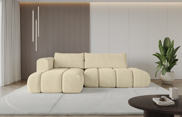 Bezug: Samt, Farbe: Beige - Dream Velvet 202.02, Stellvariante: Ottomane Links, Stoffbeschreibung: Polsterstoff Dream Velvet: Wasserabweisender und leicht zu reinigender Möbelstoff, scheuerfest (30.000 Martindale-Zyklen) lichtecht (6) und pillingarm (4-5), aus 100 % PES, Gewicht 360 g/m2 ±5 %, Materialzusammensetzung: 100% Polyseter, Pilling Resistenz: 4, Abriebfestigkeit: 5, Scheuerbeständigkeit: 100000 Martindale-Zyklen, Zimmer: Wohnzimmer, Tiefe: 185 cm, Breite: 185 cm, Höhe: 90 cm, Länge der Schlaffläche: 240 cm, Breite der Schlaffläche: 140 cm, Liegehöhe: 42 cm, Anzahl der Sitzflächen: 4, Sitzfüllung: Wellenfeder + HR35 und T30-Schaum, Anzahl der Rückenkissen: 2, Art der Rückenkissen: Rückenkissen, Annzahl der Sitzkissen: 2, Material der Füße: Kunststoff, Höhe der Füße: 1,5 cm, Tiefe der Armlehnen: 100 cm, Breite der Armlehnen: 22 cm, Höhe der Armlehnen: 63 cm, Breite der Ottomane: 120 cm, Tiefe der Ottomane: 150 cm, Tiefe der Sitzfläche: 70 cm, Sitzhöhe: 42 cm, Art des Stauraumes: Innenfach geschlossen, Ausstattung: Nicht zutreffend, Anzahl der Zierkissen: Nicht zutreffend, Schlaffunktion: Mit Schlaffunktion - 1