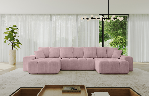 Bezug: Cord, Farbe: Rosa - Poso 145, Stellvariante: U-Form, Stoffbeschreibung: POSO ist ein angenehm anzufühlender Velours mit Kordstruktur (35000 MartindaleZyklen) und leicht zu reinigender Möbellstoff, lichtecht (5) und pillingarm (5), Gewicht 380 g/m2 ±5%, Materialzusammensetzung: 90% Polyseter, 10% Nylon, Pilling Resistenz: 5, Abriebfestigkeit: 5, Scheuerbeständigkeit: 30000 MartindaleZyklen, Zimmer: Wohnzimmer, Tiefe: 189 cm, Breite: 401 cm, Höhe: 68 cm, Länge der Schlaffläche: 341 cm, Breite der Schlaffläche: 159 cm, Liegehöhe: 43 cm, Anzahl der Sitzflächen: 6, Sitzfüllung: Wellenfeder + HR35 und T30-Schaum, Anzahl der Rückenkissen: 6, Art der Rückenkissen: Rückenkissen, Annzahl der Sitzkissen: 3, Anzahl der Zierkissen: 2, Material der Füße: Kunststoff, Höhe der Füße: 5 cm, Tiefe der Armlehnen: 124 cm, Breite der Armlehnen: 30 cm, Höhe der Armlehnen: 55 cm, Breite der Ottomane: 104 cm, Tiefe der Ottomane: 173 cm, Tiefe der Sitzfläche: 88 cm, Sitzhöhe: 45 cm, Art des Stauraumes: Innenfach geschlossen, Schlaffunktion: Mit Schlaffunktion - 1