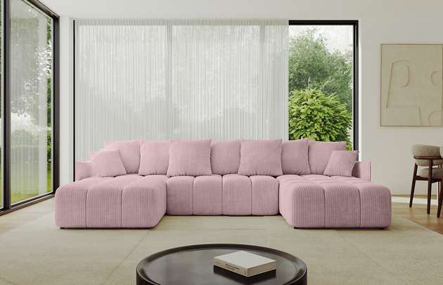 Bezug: Cord, Farbe: Rosa - Poso 145, Stellvariante: U-Form, Stoffbeschreibung: POSO ist ein angenehm anzufühlender Velours mit Kordstruktur (35000 MartindaleZyklen) und leicht zu reinigender Möbellstoff, lichtecht (5) und pillingarm (5), Gewicht 380 g/m2 ±5%, Materialzusammensetzung: 90% Polyseter, 10% Nylon, Pilling Resistenz: 5, Abriebfestigkeit: 5, Scheuerbeständigkeit: 30000 Martindale-Zyklen, Ausstattung: Kissen, Zimmer: Wohnzimmer, Tiefe: 189 cm, Breite: 355 cm, Höhe: 68 cm, Länge der Schlaffläche: 341 cm, Breite der Schlaffläche: 159 cm, Liegehöhe: 45 cm, Anzahl der Sitzflächen: 6, Sitzfüllung: Wellenfeder + HR35 und T30-Schaum, Anzahl der Rückenkissen: 7, Art der Rückenkissen: Rückenkissen, Annzahl der Sitzkissen: 3, Anzahl der Zierkissen: 2, Tiefe der Armlehnen: 104 cm, Breite der Armlehnen: 7 cm, Höhe der Armlehnen: 63 cm, Breite der Ottomane: 104 cm, Tiefe der Ottomane: 173 cm, Tiefe der Sitzfläche: 88 cm, Sitzhöhe: 45 cm, Art des Stauraumes: Innenfach geschlossen, Schlaffunktion: Mit Schlaffunktion - 1