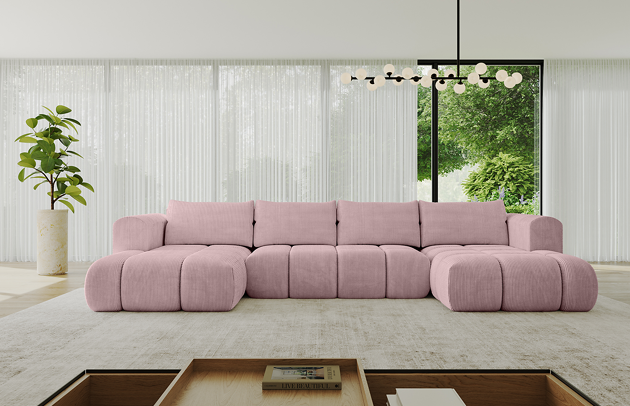 Bezug: Cord, Farbe: Rosa - Poso 145, Stellvariante: U-Form, Stoffbeschreibung: POSO ist ein angenehm anzufühlender Velours mit Kordstruktur (35000 MartindaleZyklen) und leicht zu reinigender Möbellstoff, lichtecht (5) und pillingarm (5), Gewicht 380 g/m2 ±5%, Materialzusammensetzung: 90% Polyseter, 10% Nylon, Pilling Resistenz: 5, Abriebfestigkeit: 5, Scheuerbeständigkeit: 100000 Martindale-Zyklen, Zimmer: Wohnzimmer, Tiefe: 185 cm, Breite: 185 cm, Höhe: 90 cm, Länge der Schlaffläche: 340 cm, Breite der Schlaffläche: 140 cm, Liegehöhe: 42 cm, Anzahl der Sitzflächen: 6, Sitzfüllung: Wellenfeder + HR35 und T30-Schaum, Anzahl der Rückenkissen: 4, Art der Rückenkissen: Rückenkissen, Annzahl der Sitzkissen: 3, Material der Füße: Kunststoff, Höhe der Füße: 1,5 cm, Tiefe der Armlehnen: 100 cm, Breite der Armlehnen: 22 cm, Höhe der Armlehnen: 63 cm, Breite der Ottomane: 120 cm, Tiefe der Ottomane: 150 cm, Tiefe der Sitzfläche: 70 cm, Sitzhöhe: 42 cm, Art des Stauraumes: Innenfach geschlossen, Ausstattung: Nicht zutreffend, Anzahl der Zierkissen: Nicht zutreffend, Schlaffunktion: Mit Schlaffunktion - 1