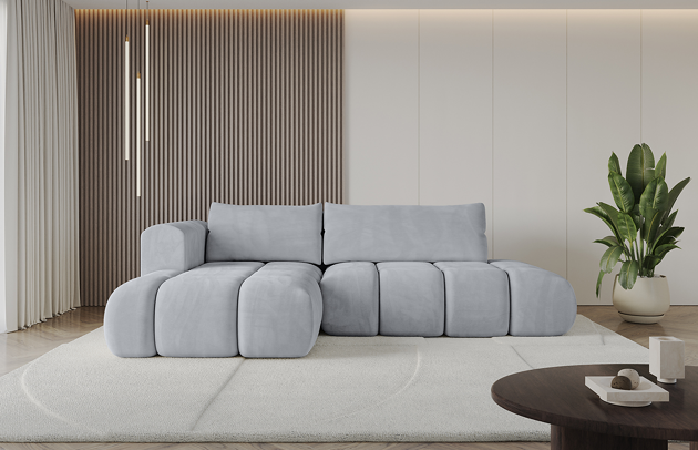 Bezug: Samt, Farbe: Grau - Dream Velvet 202.17, Stellvariante: Ottomane Links, Stoffbeschreibung: Polsterstoff Dream Velvet: Wasserabweisender und leicht zu reinigender Möbelstoff, scheuerfest (30.000 Martindale-Zyklen) lichtecht (6) und pillingarm (4-5), aus 100 % PES, Gewicht 360 g/m2 ±5 %, Materialzusammensetzung: 100% Polyseter, Pilling Resistenz: 4, Abriebfestigkeit: 5, Scheuerbeständigkeit: 100000 Martindale-Zyklen, Zimmer: Wohnzimmer, Tiefe: 185 cm, Breite: 185 cm, Höhe: 90 cm, Länge der Schlaffläche: 240 cm, Breite der Schlaffläche: 140 cm, Liegehöhe: 42 cm, Anzahl der Sitzflächen: 4, Sitzfüllung: Wellenfeder + HR35 und T30-Schaum, Anzahl der Rückenkissen: 2, Art der Rückenkissen: Rückenkissen, Annzahl der Sitzkissen: 2, Material der Füße: Kunststoff, Höhe der Füße: 1,5 cm, Tiefe der Armlehnen: 100 cm, Breite der Armlehnen: 22 cm, Höhe der Armlehnen: 63 cm, Breite der Ottomane: 120 cm, Tiefe der Ottomane: 150 cm, Tiefe der Sitzfläche: 70 cm, Sitzhöhe: 42 cm, Art des Stauraumes: Innenfach geschlossen, Ausstattung: Nicht zutreffend, Anzahl der Zierkissen: Nicht zutreffend, Schlaffunktion: Mit Schlaffunktion - 1