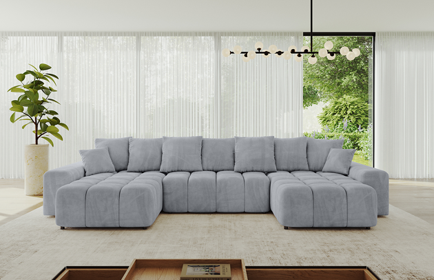 Bezug: Samt, Farbe: Grau - Dream Velvet 202.17, Stellvariante: U-Form, Stoffbeschreibung: Polsterstoff Dream Velvet: Wasserabweisender und leicht zu reinigender Möbelstoff, scheuerfest (30.000 Martindale-Zyklen) lichtecht (6) und pillingarm (4-5), aus 100 % PES, Gewicht 360 g/m2 ±5 %, Materialzusammensetzung: 100% Polyseter, Pilling Resistenz: 4, Abriebfestigkeit: 5, Scheuerbeständigkeit: 100000 Martindale-Zyklen, Zimmer: Wohnzimmer, Tiefe: 189 cm, Breite: 401 cm, Höhe: 68 cm, Länge der Schlaffläche: 341 cm, Breite der Schlaffläche: 159 cm, Liegehöhe: 43 cm, Anzahl der Sitzflächen: 6, Sitzfüllung: Wellenfeder + HR35 und T30-Schaum, Anzahl der Rückenkissen: 6, Art der Rückenkissen: Rückenkissen, Annzahl der Sitzkissen: 3, Anzahl der Zierkissen: 2, Material der Füße: Kunststoff, Höhe der Füße: 5 cm, Tiefe der Armlehnen: 124 cm, Breite der Armlehnen: 30 cm, Höhe der Armlehnen: 55 cm, Breite der Ottomane: 104 cm, Tiefe der Ottomane: 173 cm, Tiefe der Sitzfläche: 88 cm, Sitzhöhe: 45 cm, Art des Stauraumes: Innenfach geschlossen, Schlaffunktion: Mit Schlaffunktion - 1