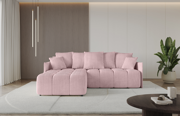 Bezug: Cord, Farbe: Rosa - Poso 145, Stellvariante: Ottomane Links, Stoffbeschreibung: POSO ist ein angenehm anzufühlender Velours mit Kordstruktur (35000 MartindaleZyklen) und leicht zu reinigender Möbellstoff, lichtecht (5) und pillingarm (5), Gewicht 380 g/m2 ±5%, Materialzusammensetzung: 90% Polyseter, 10% Nylon, Pilling Resistenz: 5, Abriebfestigkeit: 5, Scheuerbeständigkeit: 30000 Martindale-Zyklen, Ausstattung: Kissen, Zimmer: Wohnzimmer, Tiefe: 189 cm, Breite: 251 cm, Höhe: 68 cm, Länge der Schlaffläche: 237 cm, Breite der Schlaffläche: 159 cm, Liegehöhe: 45 cm, Anzahl der Sitzflächen: 4, Sitzfüllung: Wellenfeder + HR35 und T30-Schaum, Anzahl der Rückenkissen: 5, Art der Rückenkissen: Rückenkissen, Annzahl der Sitzkissen: 2, Anzahl der Zierkissen: 2, Tiefe der Armlehnen: 104 cm, Breite der Armlehnen: 7 cm, Höhe der Armlehnen: 63 cm, Breite der Ottomane: 104 cm, Tiefe der Ottomane: 173 cm, Tiefe der Sitzfläche: 88 cm, Sitzhöhe: 45 cm, Art des Stauraumes: Innenfach geschlossen, Schlaffunktion: Mit Schlaffunktion - 1